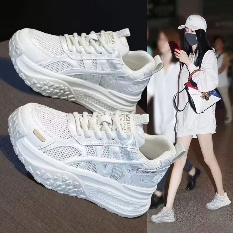 网红7CM厚底休闲网面网面小白鞋女2025夏新款透气板鞋软底松糕鞋