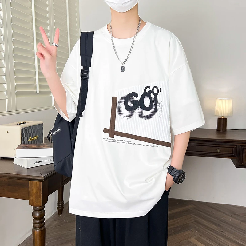 青少年学生夏新款圆领重磅港风印花夏季宽松国潮短袖T恤男上衣