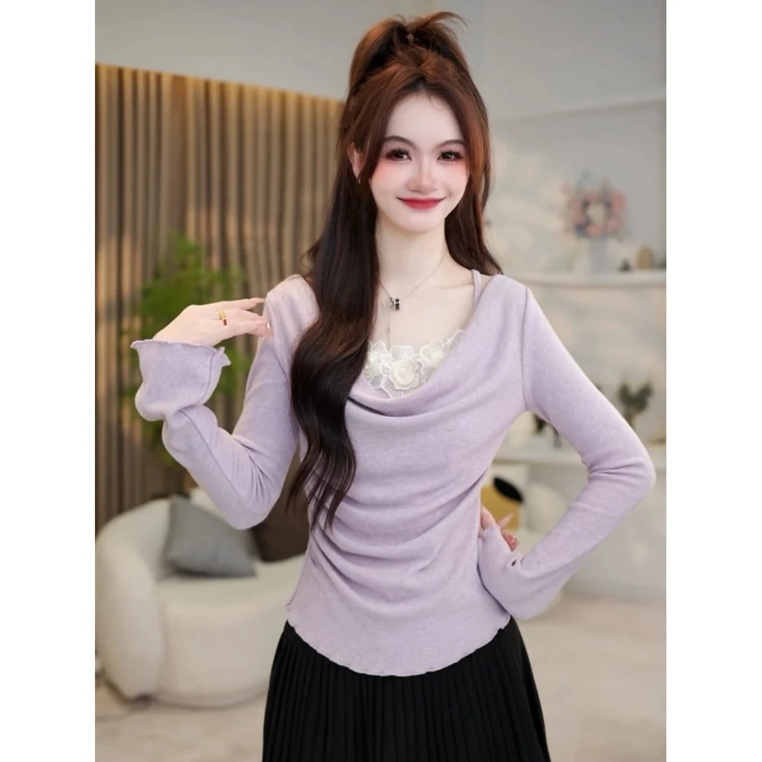 【8281】打底衫胖mm秋冬季法式纯欲风别致T恤修身显瘦长袖上衣女