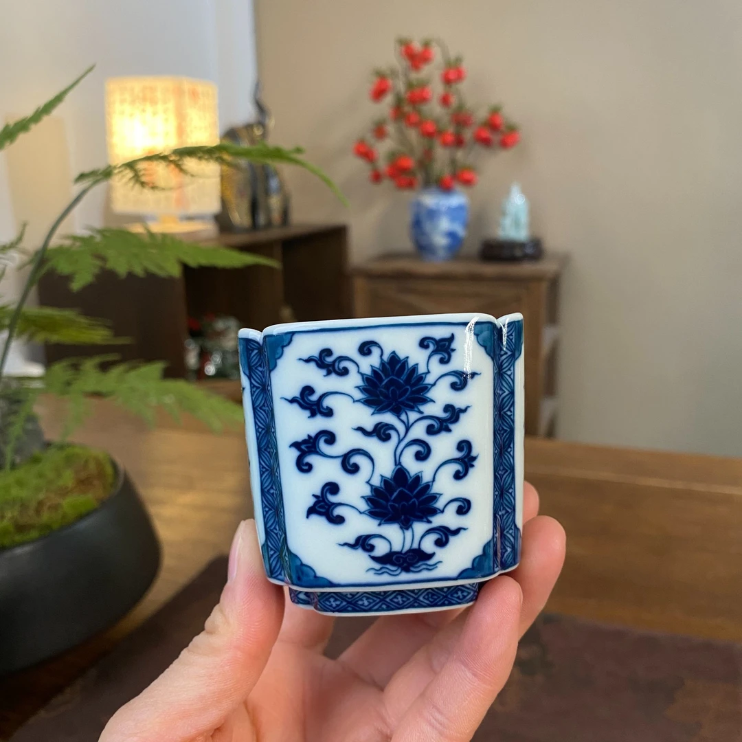 【记石柴窑】仿明一束莲四方杯 景德镇纯手工手绘茶器茶具