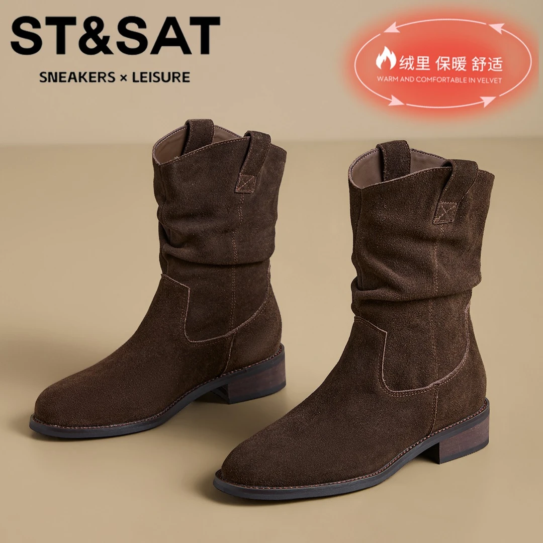 星期六真皮深咖色加绒棉靴女保暖防滑马丁靴2025新款套筒堆堆靴女