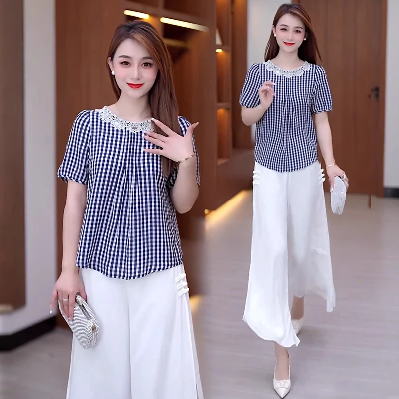 时尚套装女2025夏季新款洋气显瘦格子衬衫上衣阔腿裤雪纺两件套潮