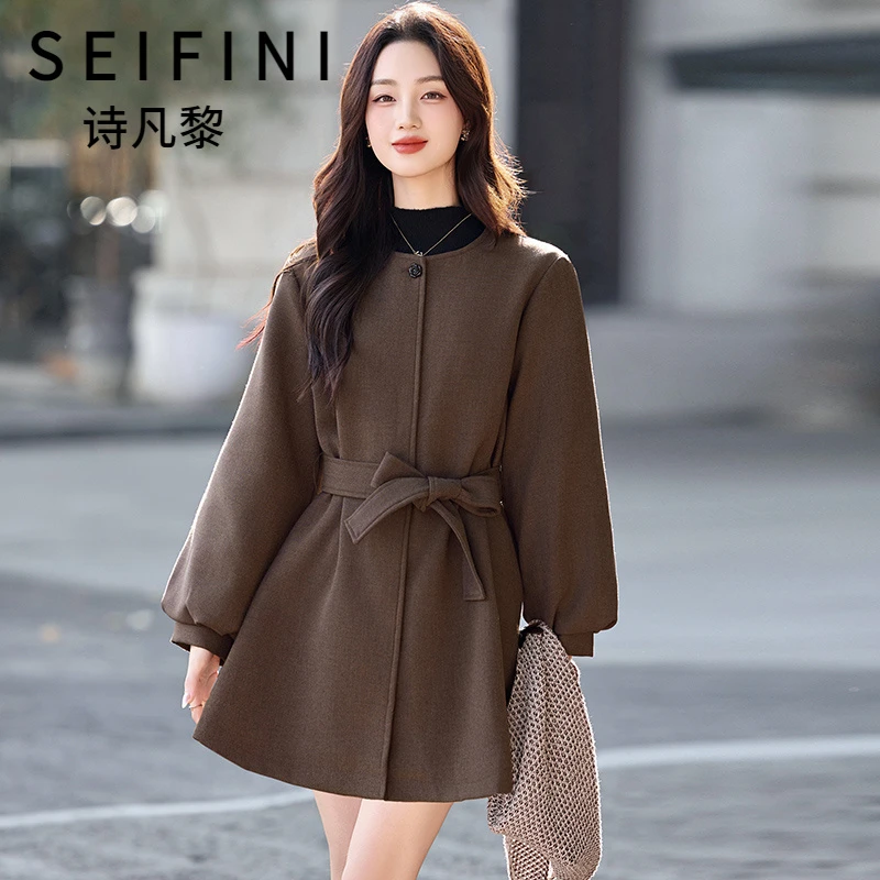 SEIFINI/诗凡黎折扣女装气质夹棉毛呢外套显瘦收腰中长款圆领上衣