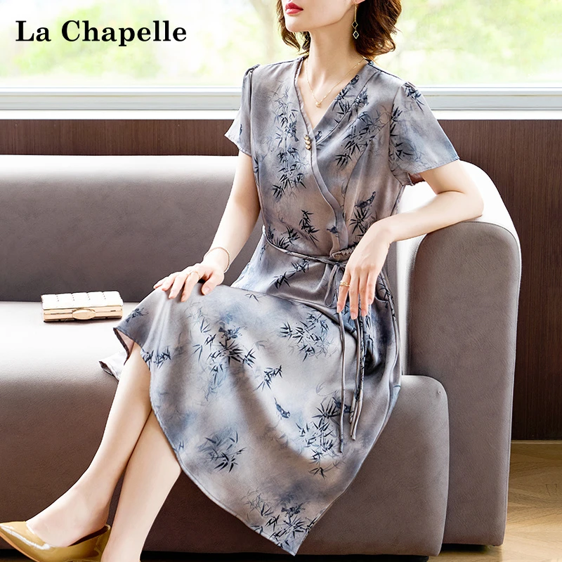 拉夏贝尔阔太太妈妈夏装雪纺短袖连衣裙中年女夏季收腰系带旗袍裙