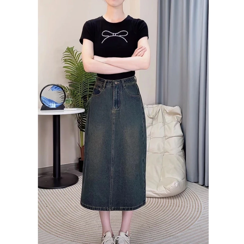 2025新款A字韩版显瘦半身裙牛仔包臀裙大码百搭复古开叉中长裙子