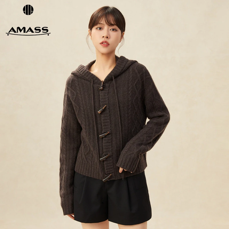 阿玛施AMASS麻花编织牛角扣纯山羊绒针织开衫老钱风外套女5499182