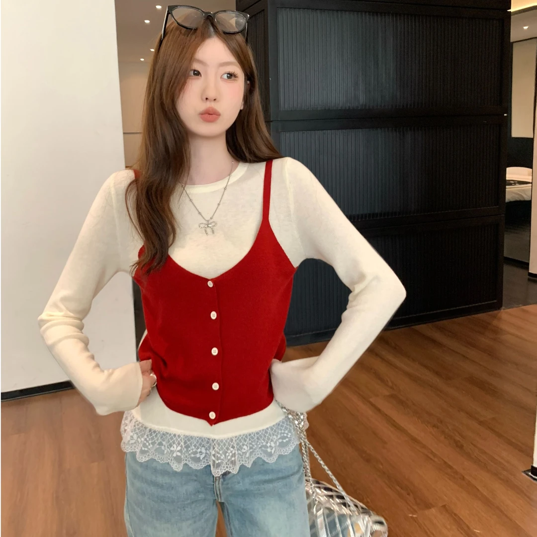 韩系设计感拼接蕾丝叠穿针织衫甜美减龄吊带背心假两件上衣女春秋