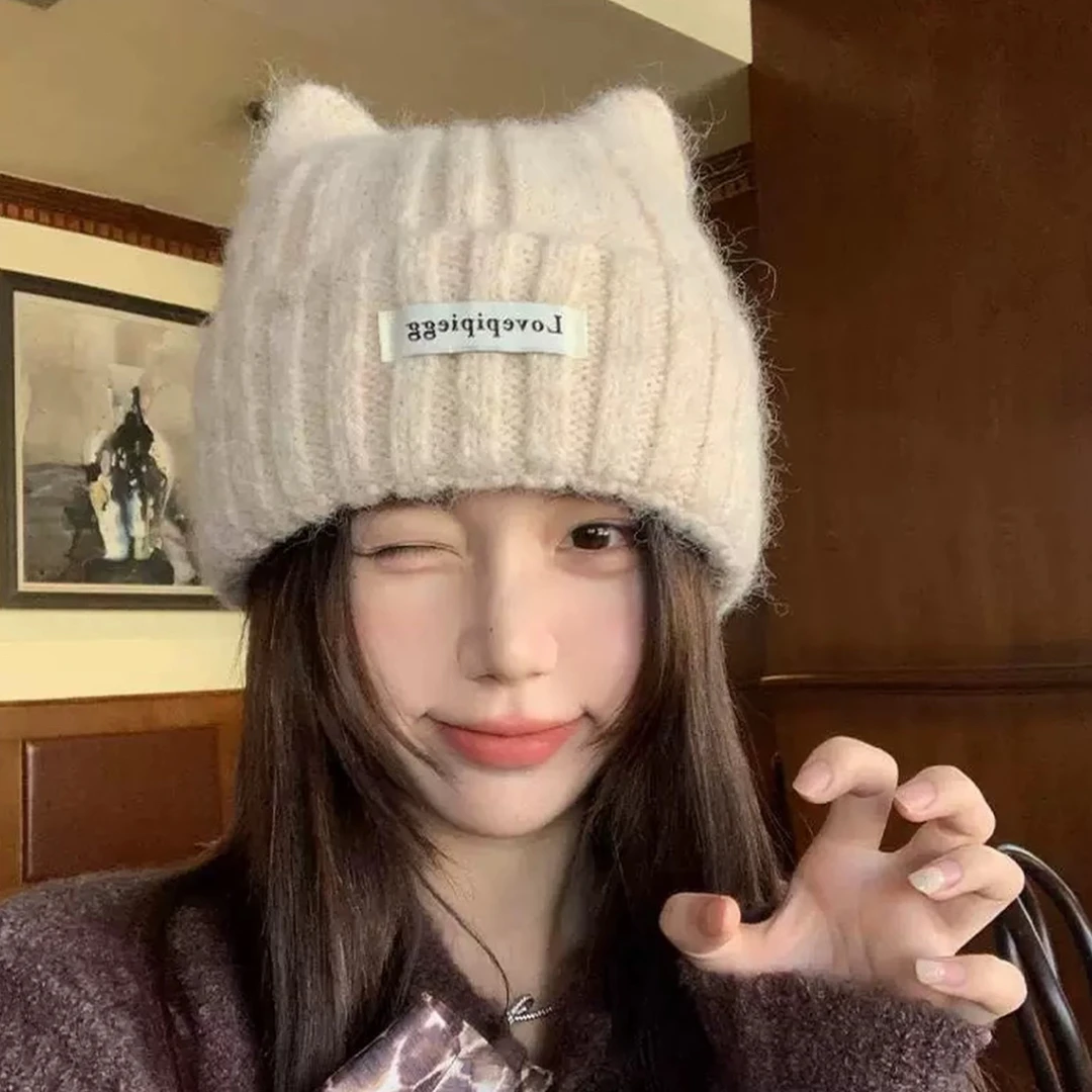 韩版休闲猫耳朵毛线帽女2025大头围显脸小百搭针织帽