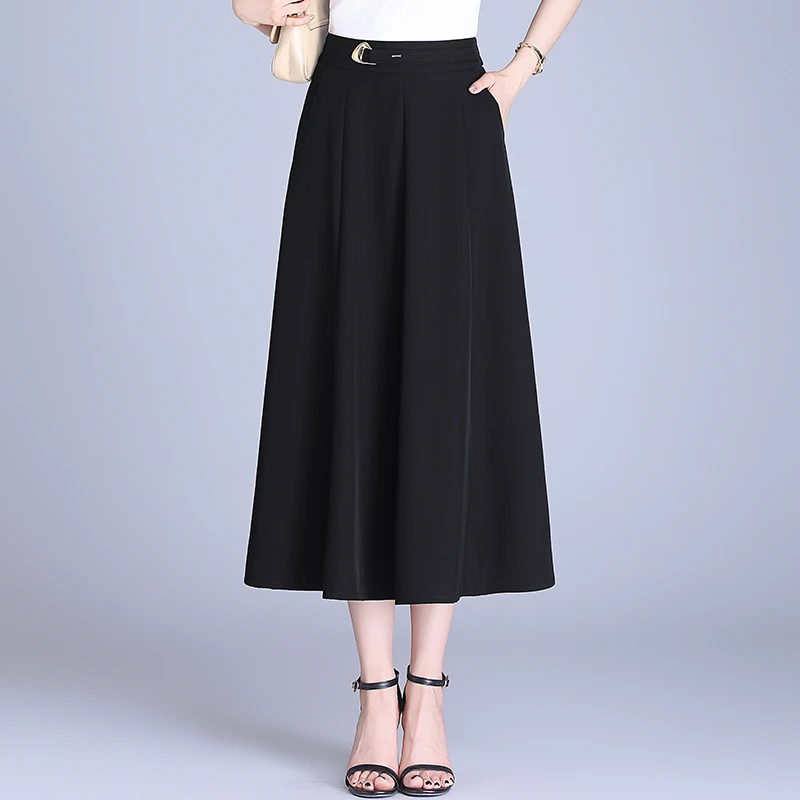 黑色冰凉丝半身裙女2025春夏季高腰显瘦中长款中年妈妈宽松a字裙