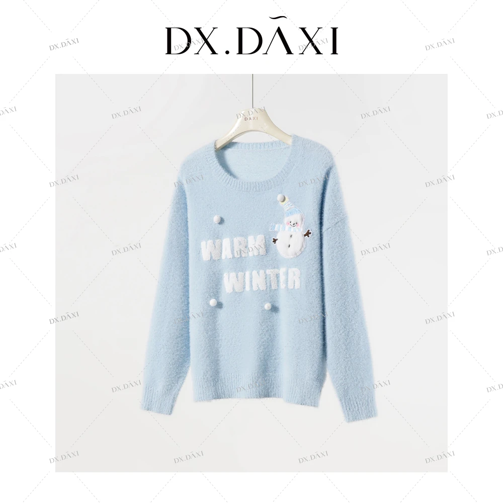 代大喜【雪宝宝】可爱甜美减龄蓝色雪人宽松百搭针织衫冬季新款毛衣