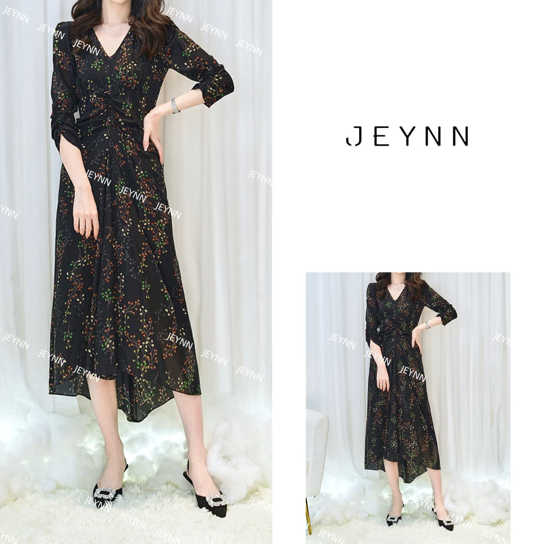 【燕桃】夏季新款时尚抽褶修身气质优雅印花真丝连衣裙JE36B118