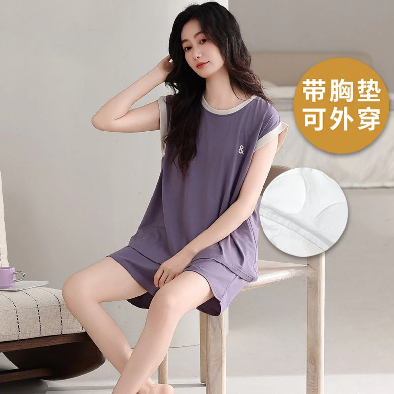 莫代尔女士睡衣夏季爆款背心短裤网红休闲带胸垫时尚简约女家居服