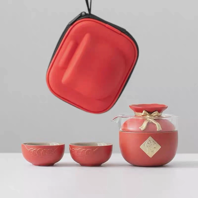 红色旅行福袋陶瓷茶具整套家用一壶三杯高档户外中式泡茶壶泡茶杯