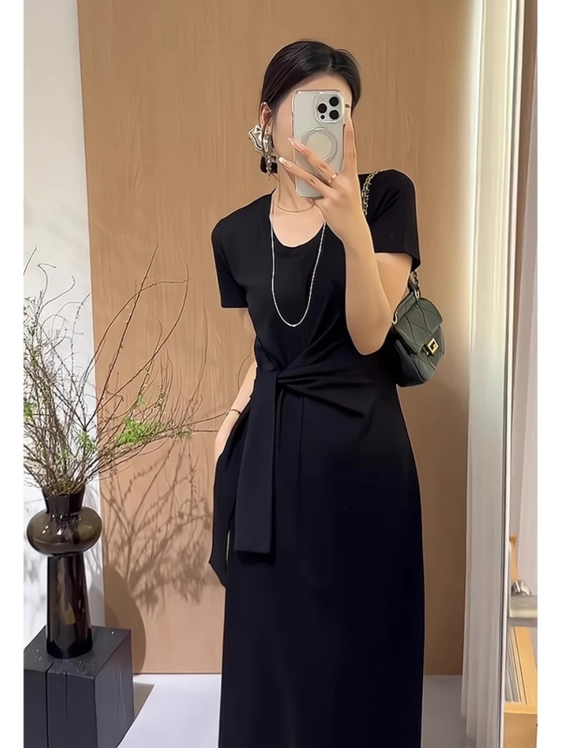 韩版休闲宽松短袖连衣裙女夏季微胖腰部绑带设计收腰显瘦A字长裙