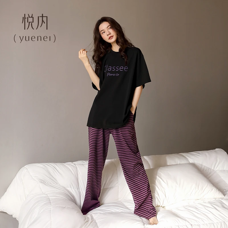 悦内睡衣女款夏季夏天短袖长裤纯棉家居服圆领套头休闲可外穿夏款