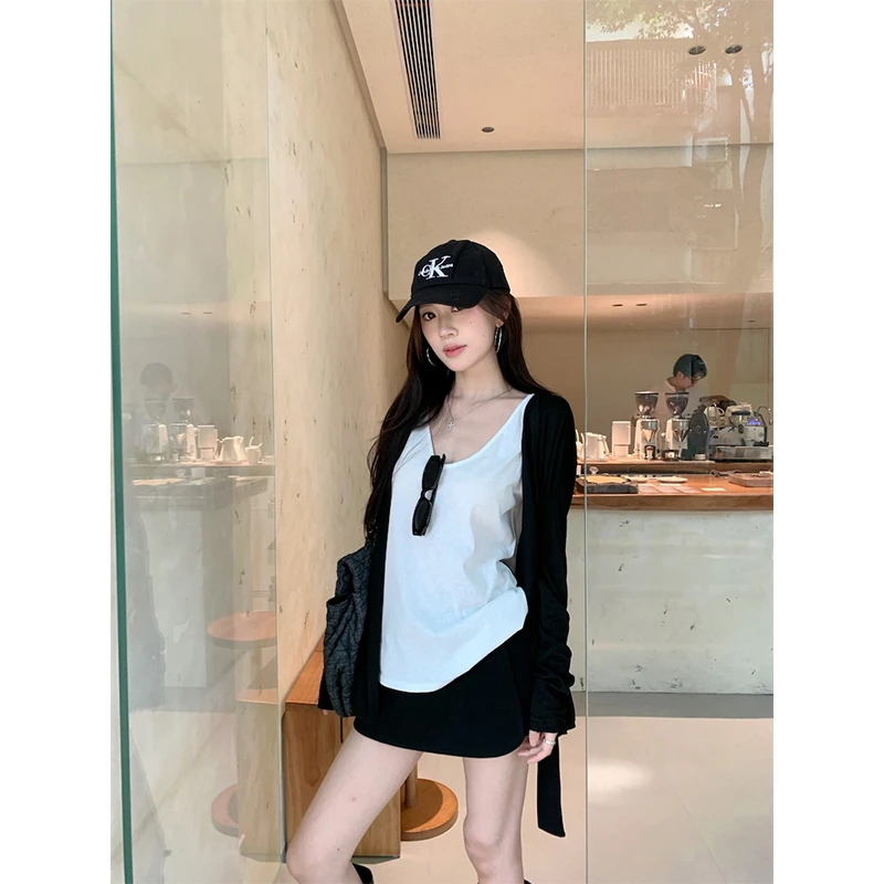 时尚洋气休闲服U领挂脖吊带背心内搭无袖上衣针织开衫外套半身裙