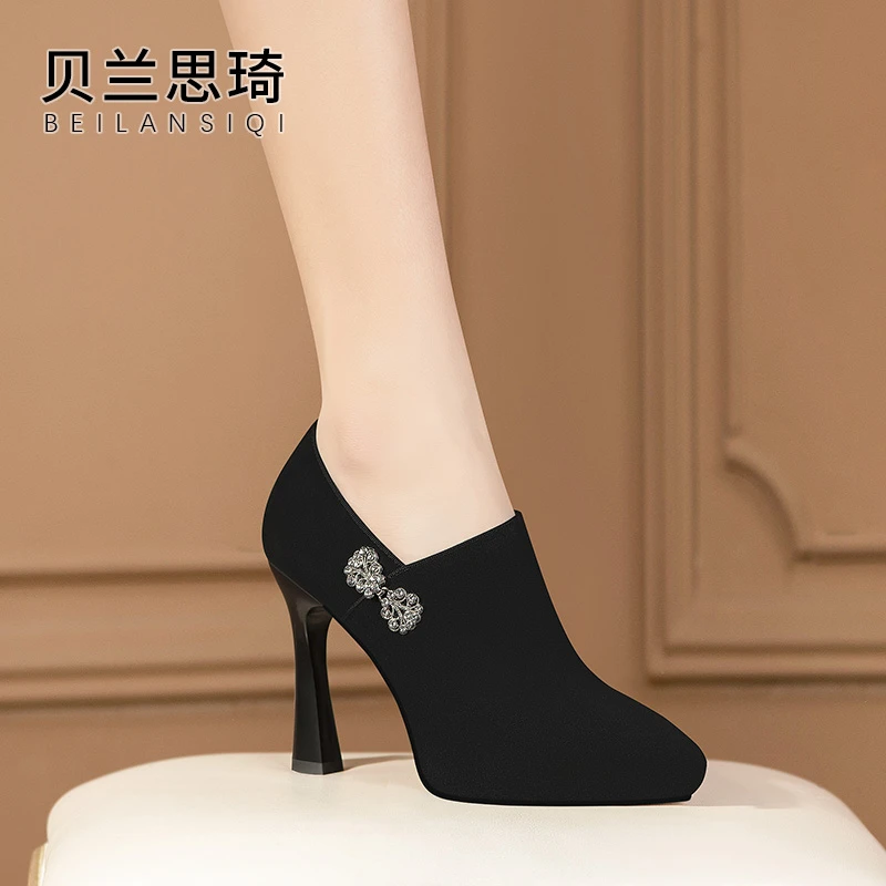 磨砂真皮尖头厚底深口细跟单鞋女2025春秋季百搭防水台高跟鞋5783