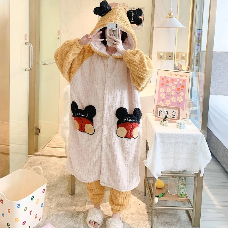 黄色睡袍女士冬天珊瑚绒加绒加厚连帽口袋家居服白拼黄