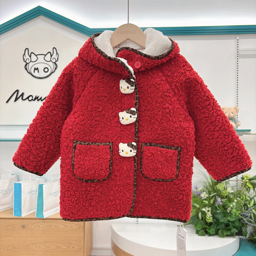 MOMOCO冬季新款女童时尚红色猫咪连帽毛毛大衣外套77830123010
