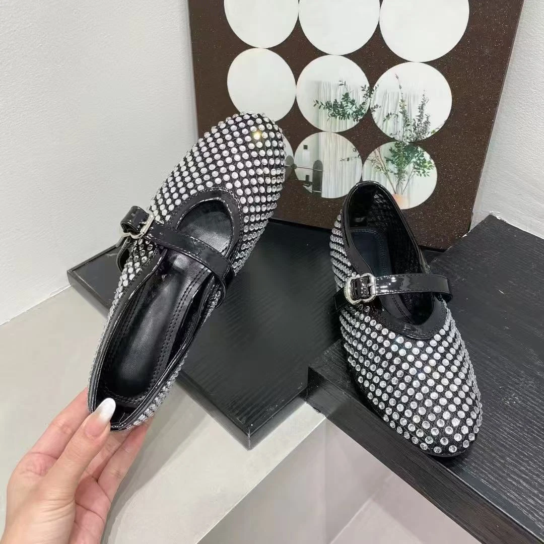 镂空纯色轻便极简风平底水钻单鞋粗跟跟鞋女士时尚穆勒鞋