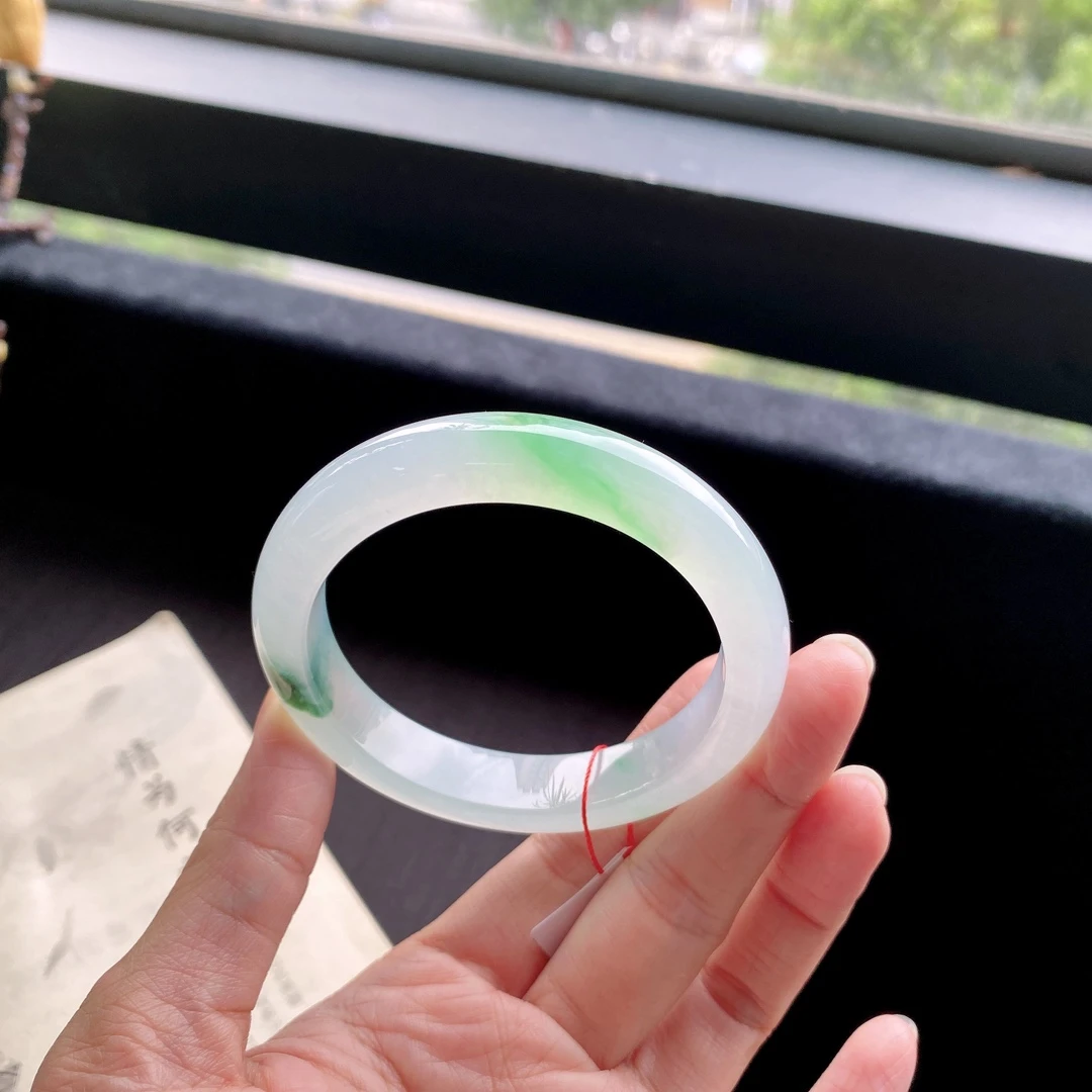 好色珠宝 圈口55缅甸老坑A货冰种飘绿飘花正圈女款翡翠手镯