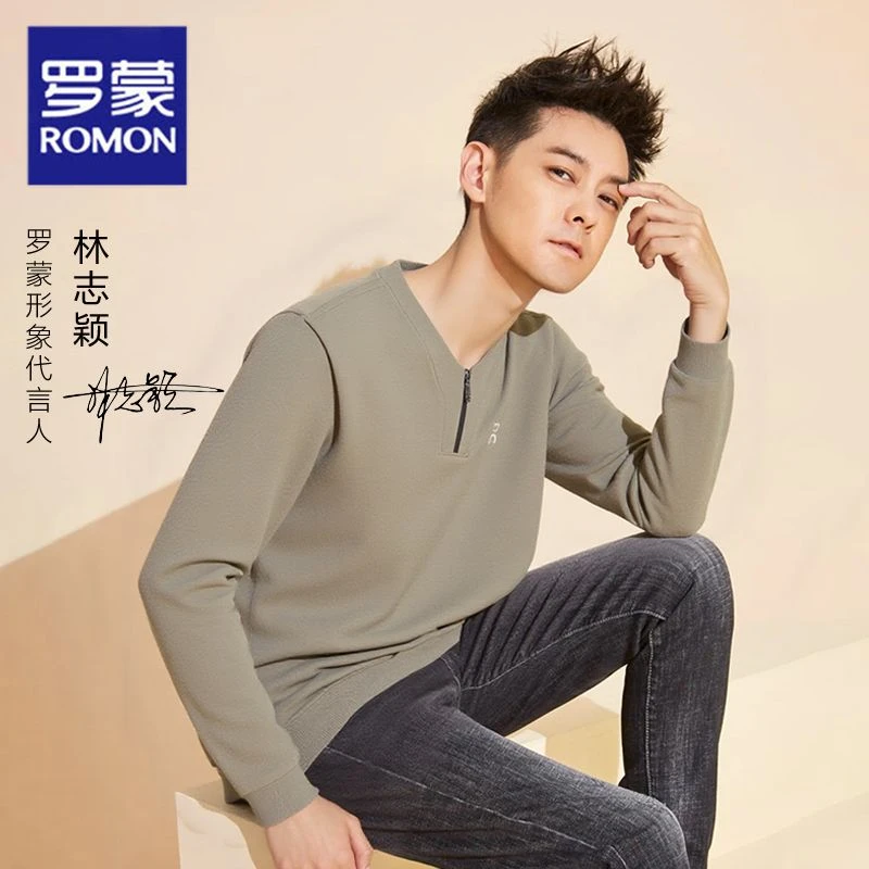 Romon/罗蒙春秋新款长袖t恤男装宽松大码半拉链打底上衣针织卫衣