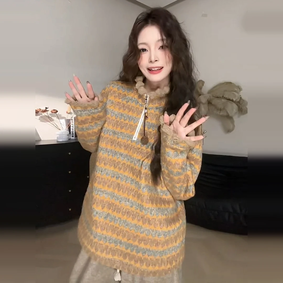 2025秋冬新款设计感条纹提花双色长袖卫衣女时尚百搭休闲气质上衣