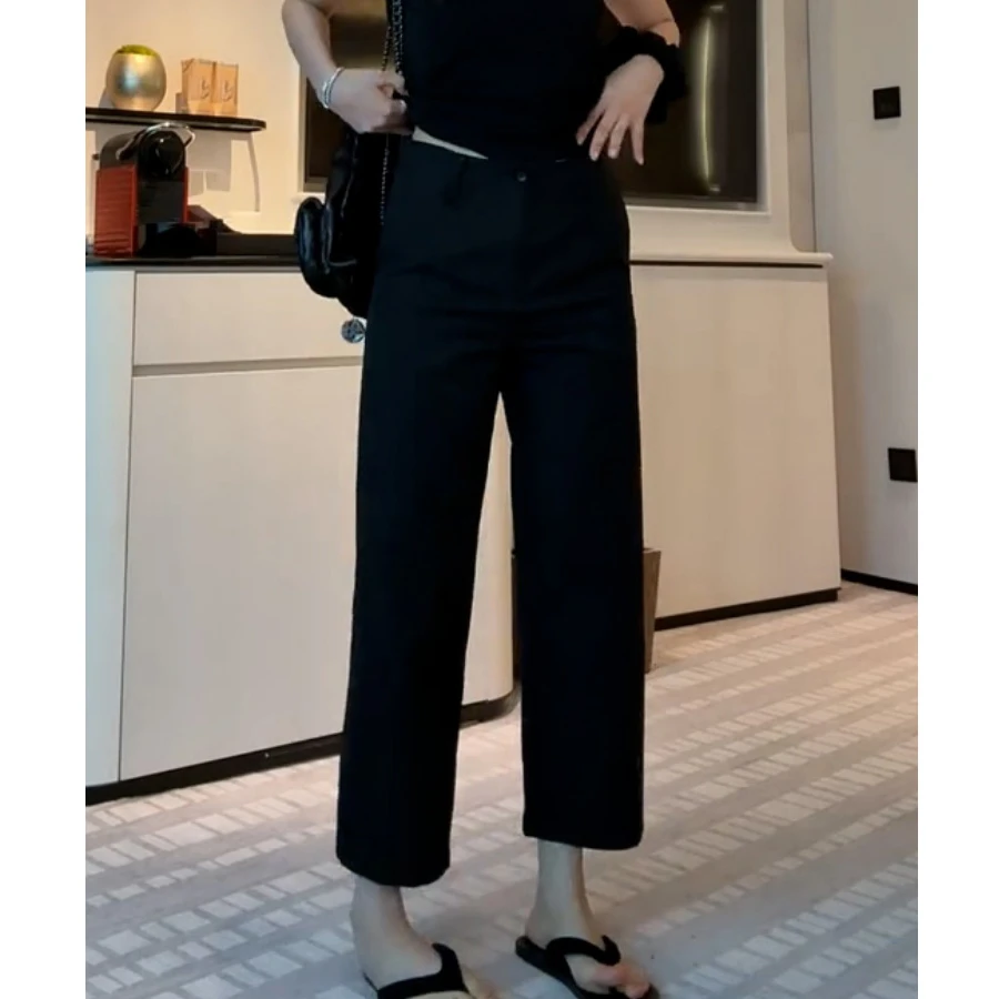 黑色休闲裤女夏季薄款梨形身材大码显瘦高腰小个子九分弹力直筒裤