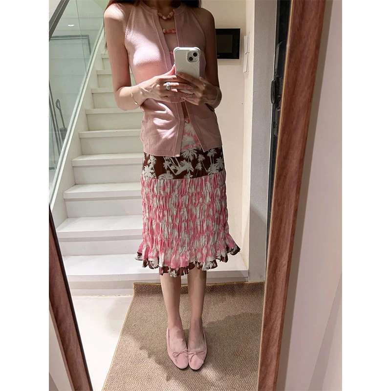 新款时尚套装休闲百搭气质设计感镂空无袖上衣高腰修身显瘦半身裙