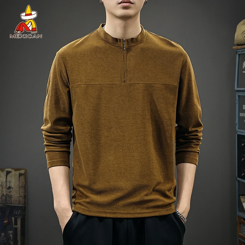 Mexican/稻草人秋季半高领长袖t恤男士美式复古宽松莱赛尔上衣潮T