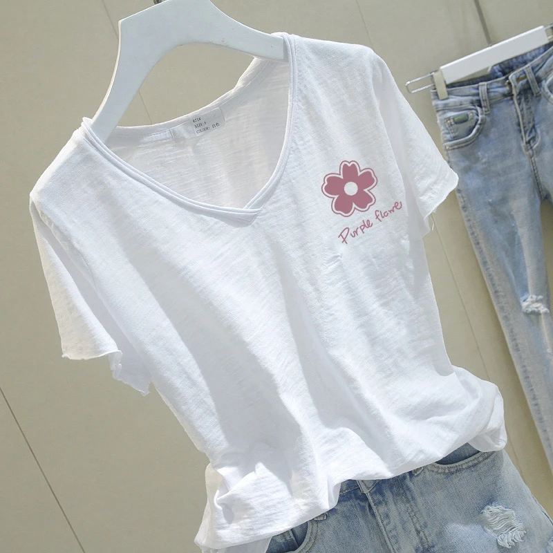 爆款竹节棉2025夏季新款宽松上衣T恤V领字母印花百搭简约休闲t恤