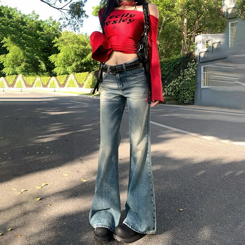 美式复古水洗低腰辣妹喇叭裤垂感百搭显瘦初秋牛仔裤