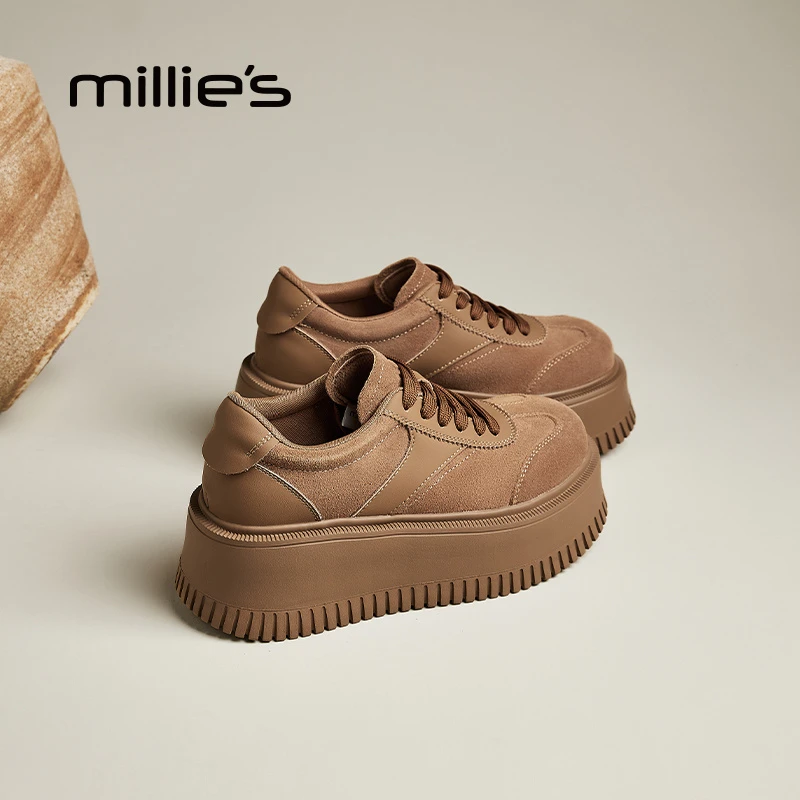 妙丽真皮休闲板鞋厚底鞋女款2025新款爆款增高女鞋复古棕色松糕鞋