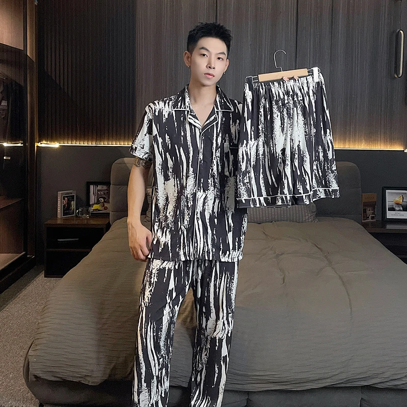 新款冰丝凉爽爸爸短袖透气睡衣宽松夏季薄款大码300斤套装家居服