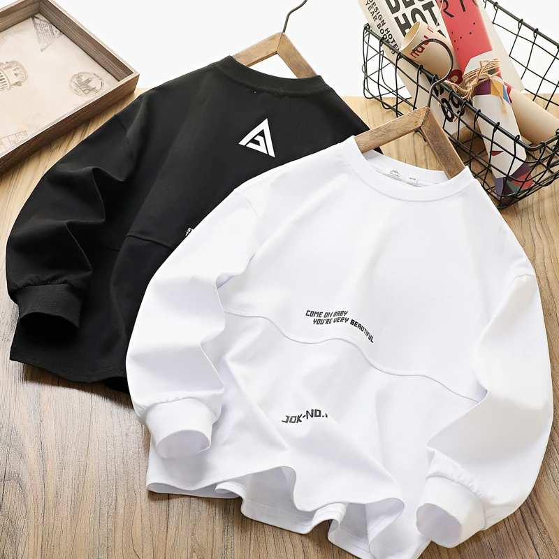 男童长袖T恤春秋款中大童2025新纯棉亲肤儿童装字母印花拼接上衣