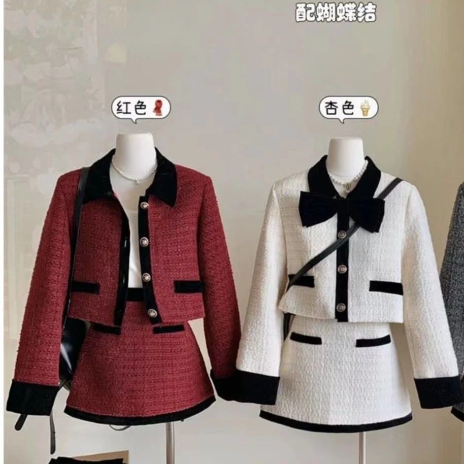 【vivi】拼色小香风蝴蝶结两件套套装5221