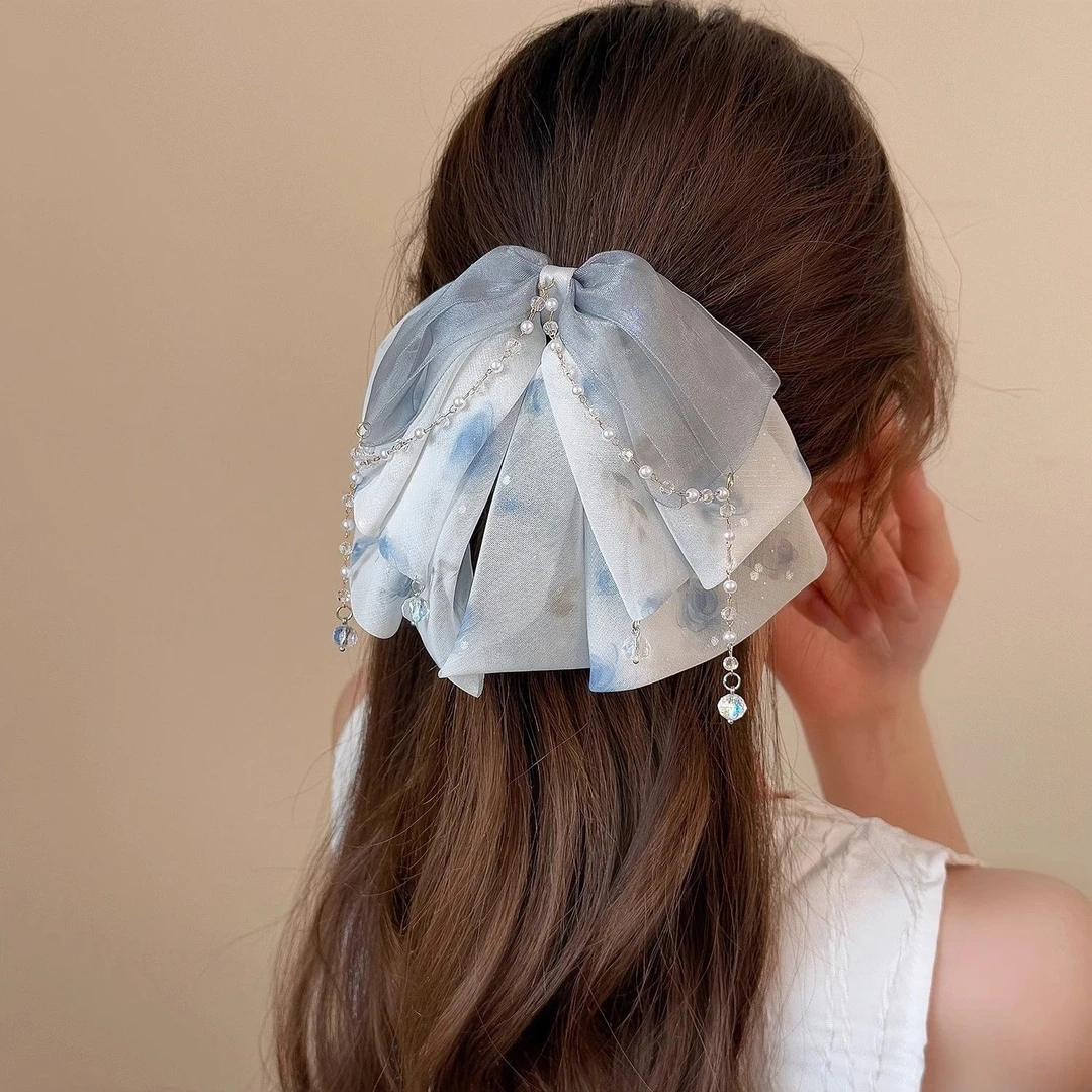 浪漫玫瑰印花网纱蝴蝶结发夹法式水晶珍珠马尾夹高级感抓夹