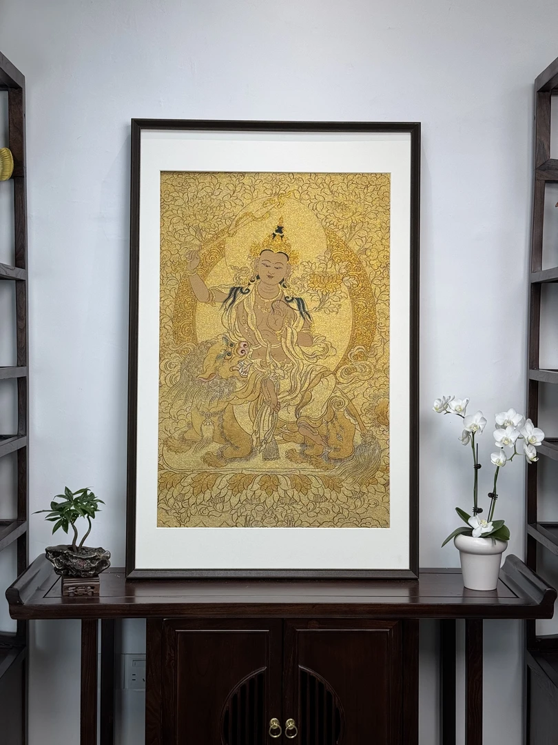 刺绣文殊菩萨唐卡装饰画适用于茶室玄关客厅餐厅背景墙