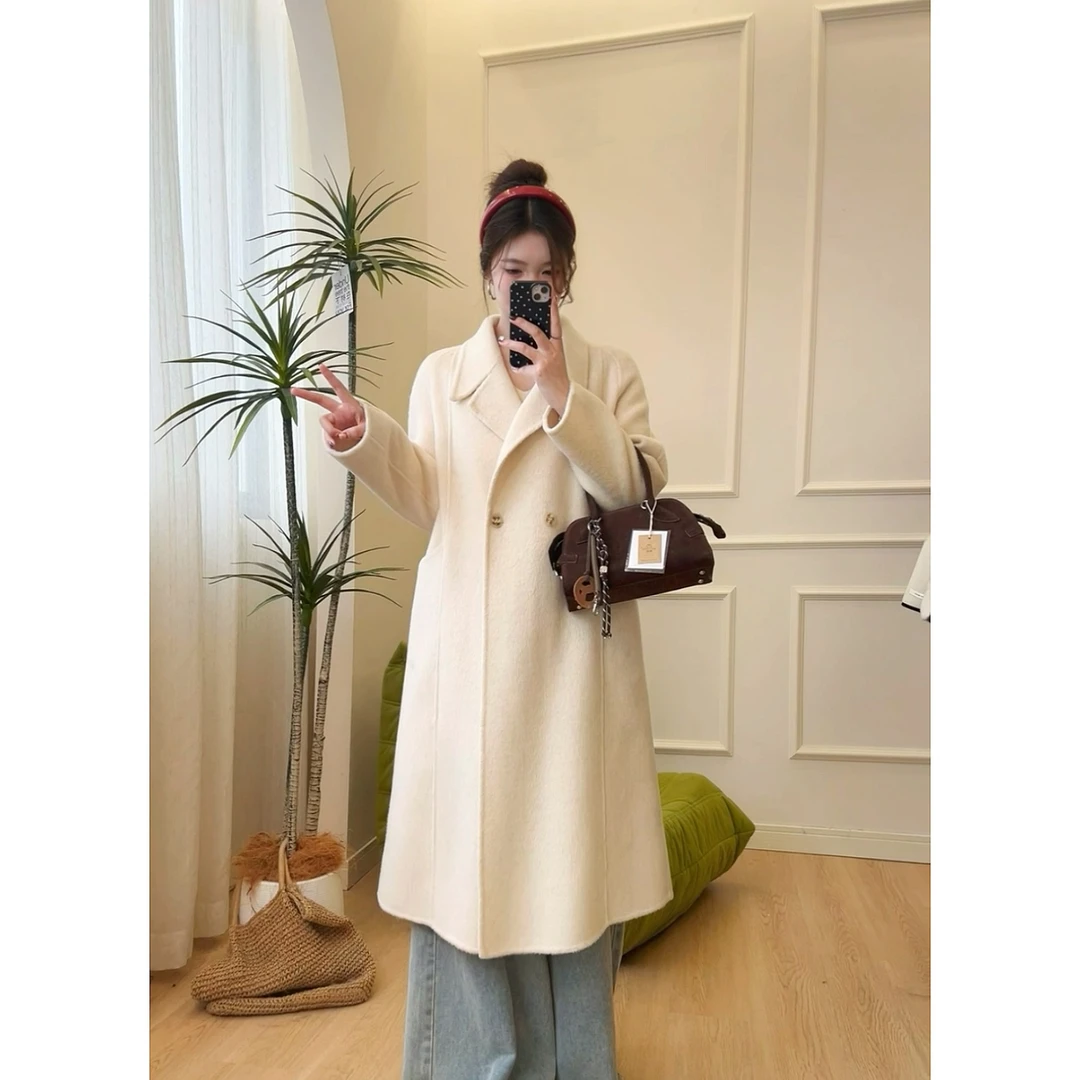 秋冬款品质女装高级感大衣女秋冬双面羊毛大衣系带长款过膝