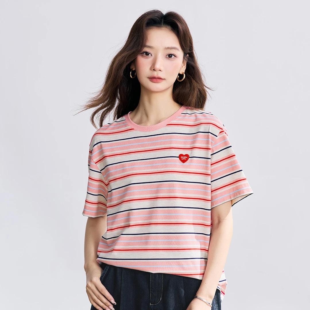 茵曼2025夏季新款女T恤上衣短袖显瘦条纹刺绣圆领休闲宽松减龄风