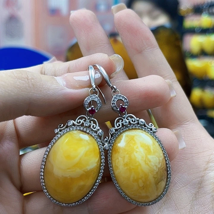 蜜蜡银S925镶嵌裸石耳环