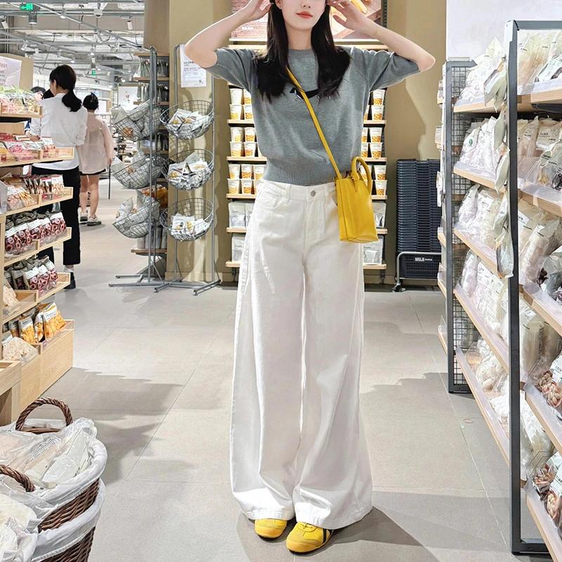 大码白色显瘦高级感百搭牛仔裤女夏季新款休闲宽松垂感拖地阔腿裤