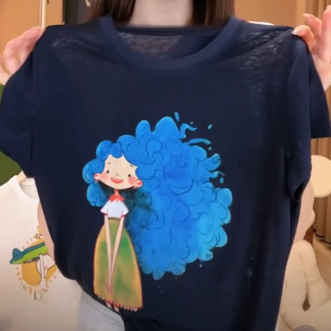 设计感卡通女孩短袖T恤女士2025夏季新款时尚百搭简约显瘦上衣