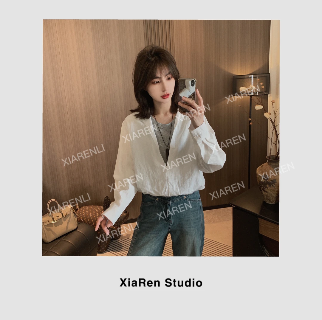 XIAREN【假两件V领衬衫】上班族通勤风女装高级感衬衫时尚春秋气质
