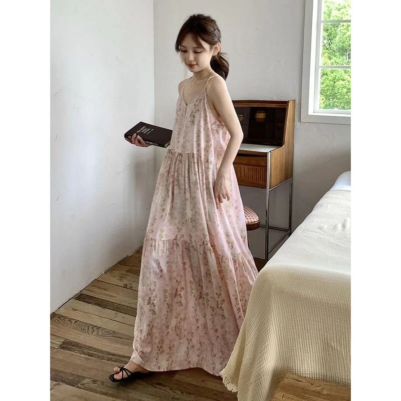 吊带棉绸连衣裙吊带裙睡裙夏季2025新款法式海边度假过膝脚踝长裙