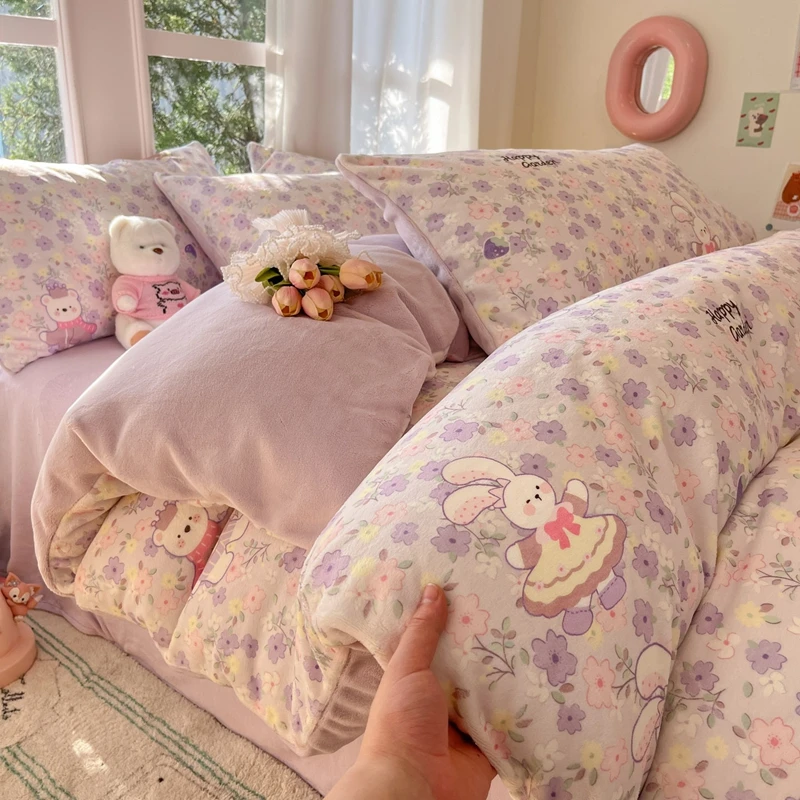 小清新牛奶绒四件套冬季加绒保暖加厚被套床单双面绒被罩三件套