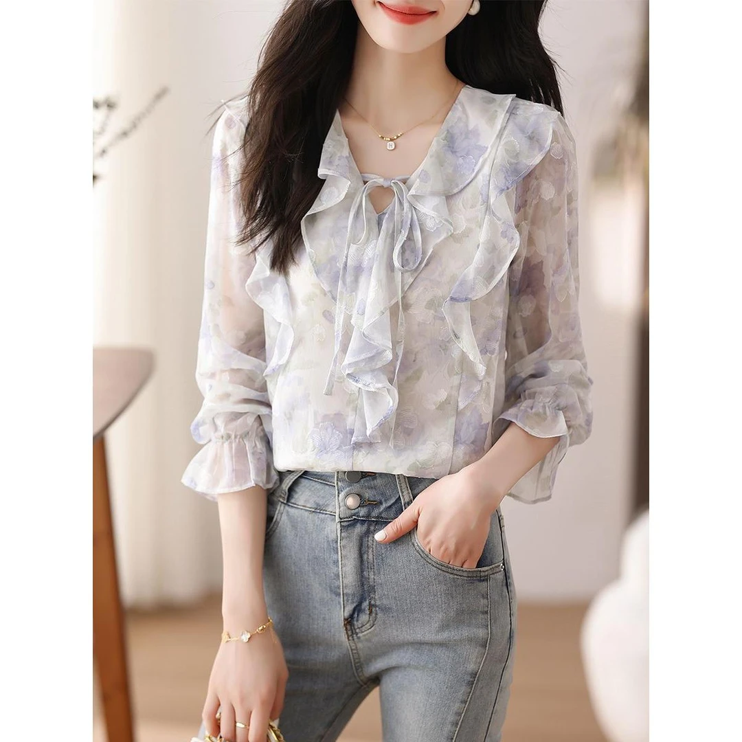 实拍 法式独特别致小上衣V领荷叶边雪纺衫秋装碎花衬衫设计感小众