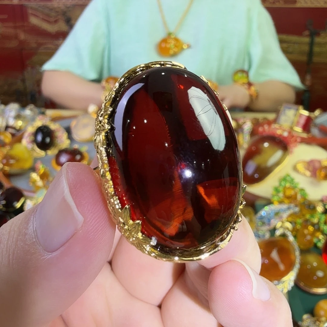 血珀银S925镀金镶嵌戒指