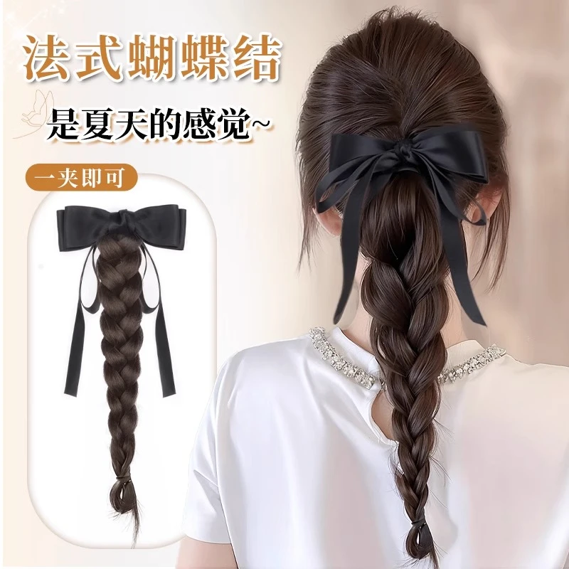 丝带蝴蝶结抓夹麻花辫假发辫马尾女新中式编发马尾饱满后脑勺发饰