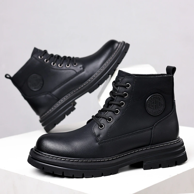 跨境秋冬季新款舒适高帮棉靴户外男士马丁靴真皮百搭加绒保暖男鞋